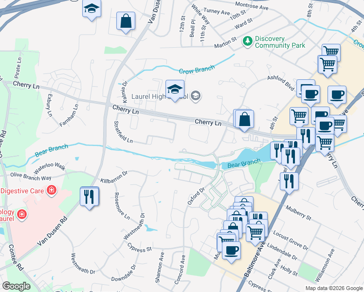 map of restaurants, bars, coffee shops, grocery stores, and more near 7910 Ashford Boulevard in Laurel