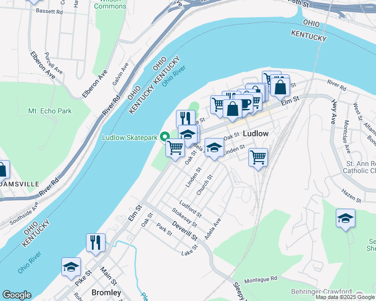 map of restaurants, bars, coffee shops, grocery stores, and more near 515 Elm Street in Ludlow