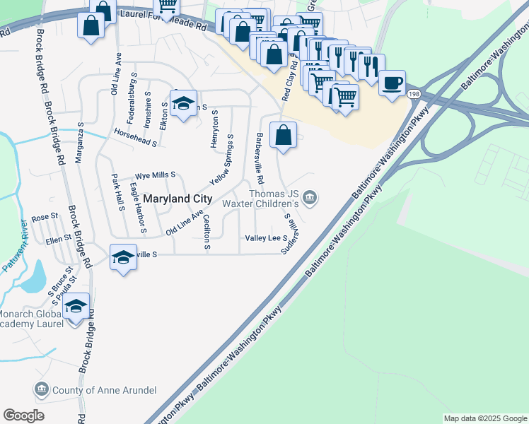 map of restaurants, bars, coffee shops, grocery stores, and more near 3298 Sudlersville South in Laurel