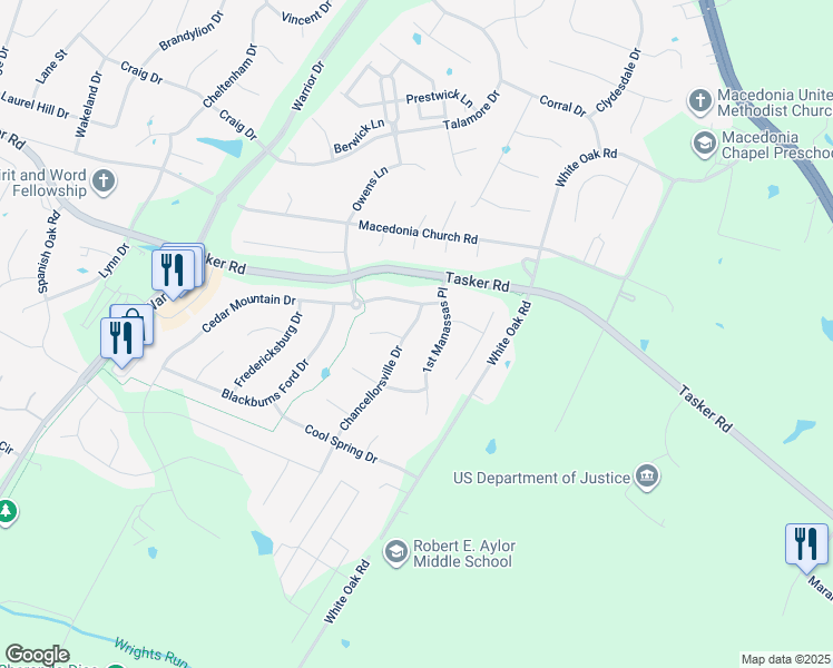 map of restaurants, bars, coffee shops, grocery stores, and more near 107 Chancellorsville Drive in Stephens City