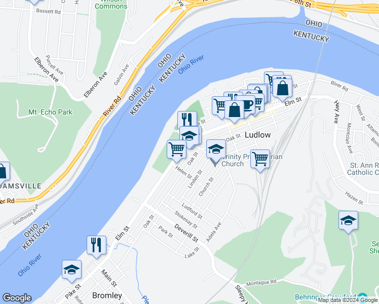 map of restaurants, bars, coffee shops, grocery stores, and more near 515 Elm Street in Ludlow