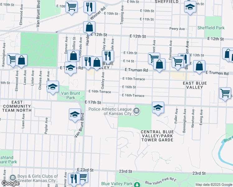 map of restaurants, bars, coffee shops, grocery stores, and more near 1628 Topping Avenue in Kansas City