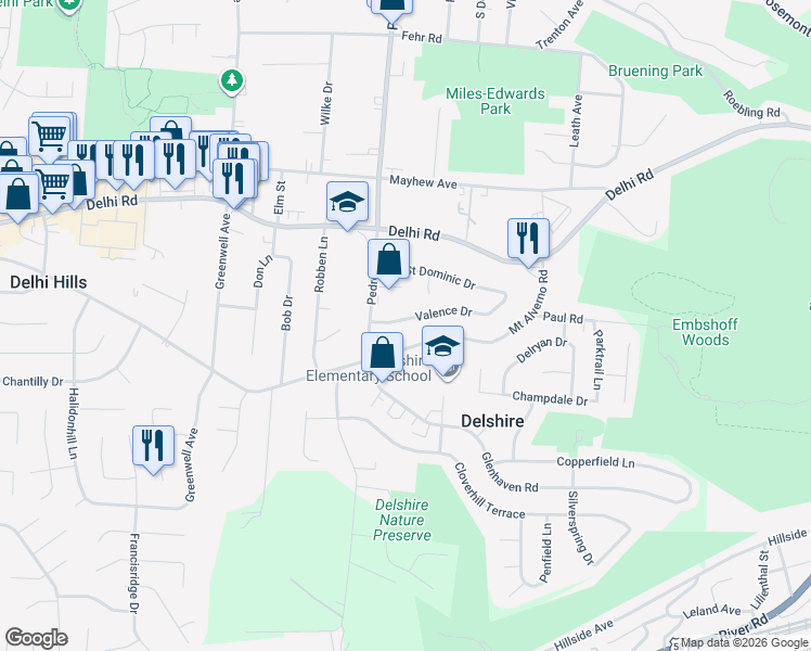 map of restaurants, bars, coffee shops, grocery stores, and more near 4457 Valence Drive in Cincinnati