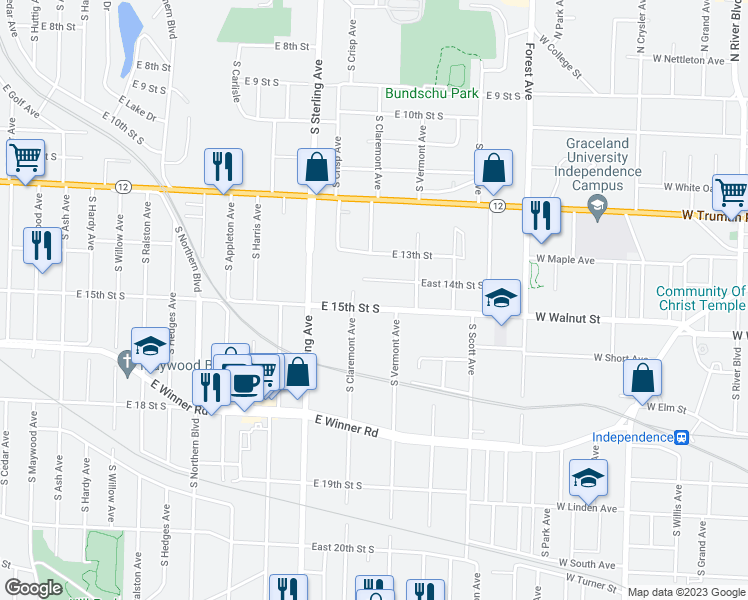 map of restaurants, bars, coffee shops, grocery stores, and more near 11314 East 15th Street South in Independence