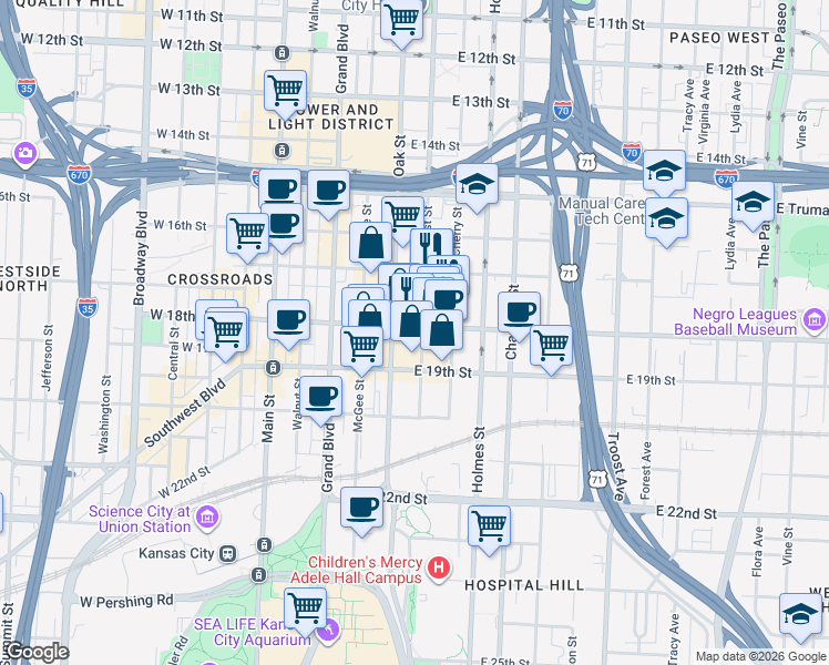 map of restaurants, bars, coffee shops, grocery stores, and more near 417 East 18th Street in Kansas City