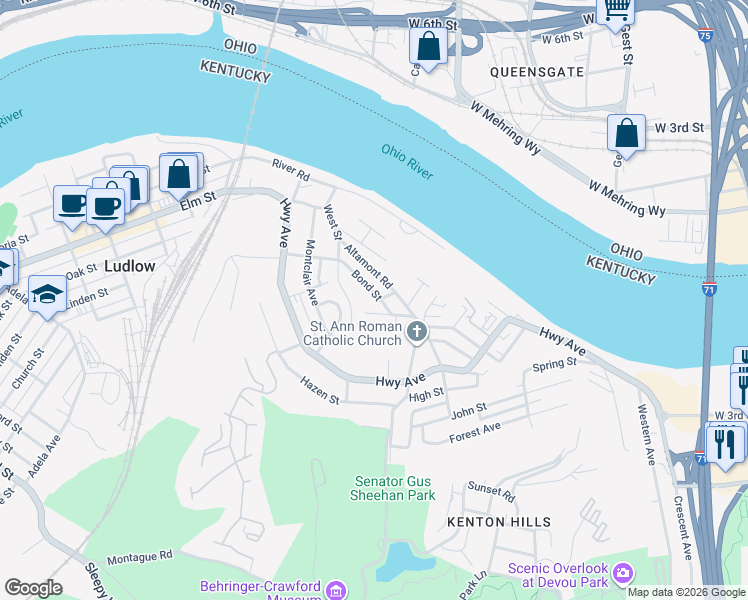 map of restaurants, bars, coffee shops, grocery stores, and more near 353 Bond Street in Covington