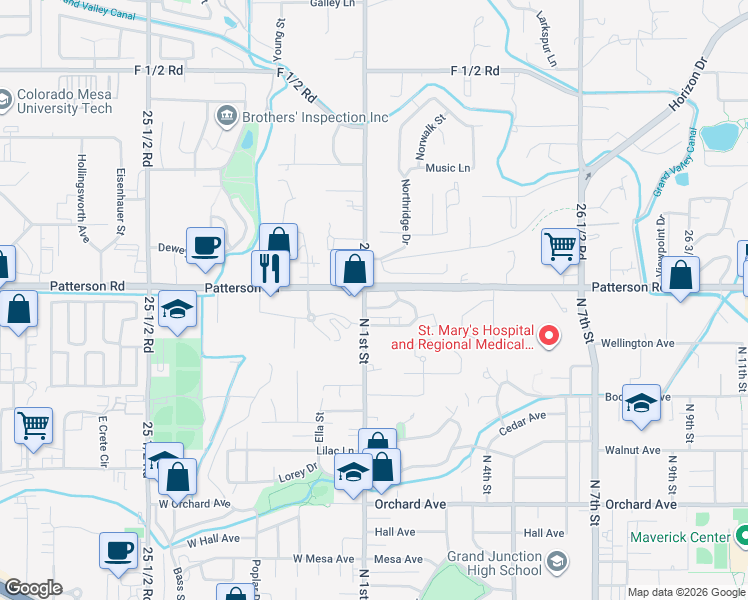 map of restaurants, bars, coffee shops, grocery stores, and more near 17 Patterson Road in Grand Junction