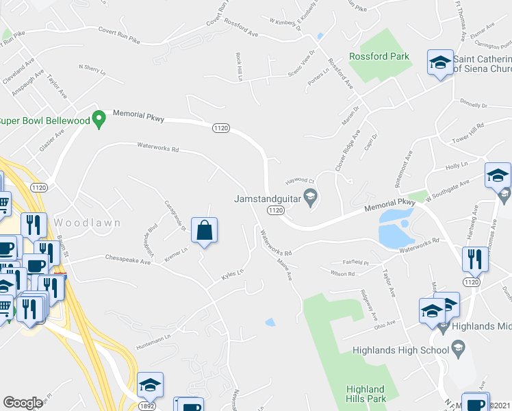 map of restaurants, bars, coffee shops, grocery stores, and more near 1631 Waterworks Road in Newport