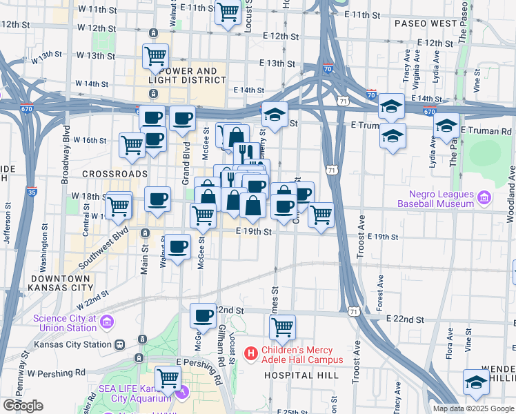map of restaurants, bars, coffee shops, grocery stores, and more near 521 East 18th Street in Kansas City