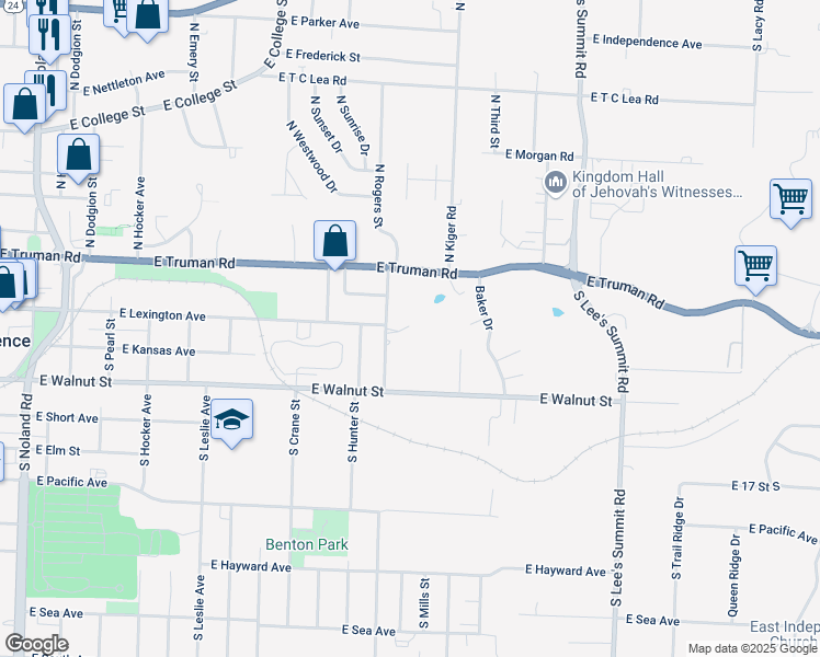 map of restaurants, bars, coffee shops, grocery stores, and more near 103B North Rogers Street in Independence