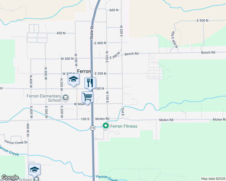 map of restaurants, bars, coffee shops, grocery stores, and more near 140 East Mill Road in Ferron