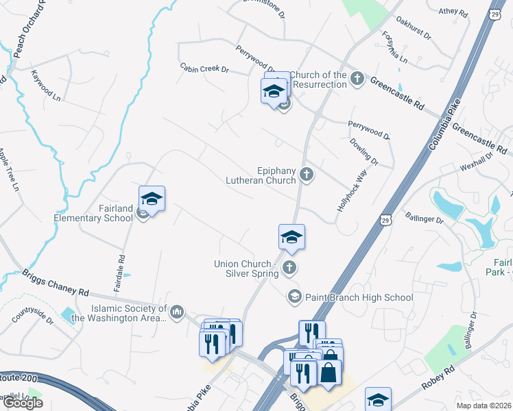 map of restaurants, bars, coffee shops, grocery stores, and more near 14527 Fairdale Road in Silver Spring