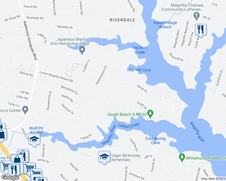 map of restaurants, bars, coffee shops, grocery stores, and more near 277 Thor Bridge Court in Severna Park