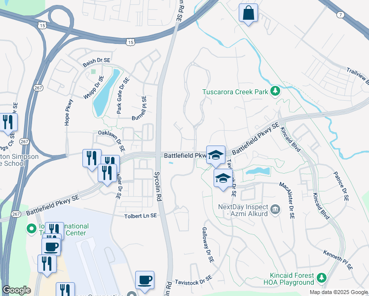 map of restaurants, bars, coffee shops, grocery stores, and more near 404 Breckinridge Square Southeast in Leesburg