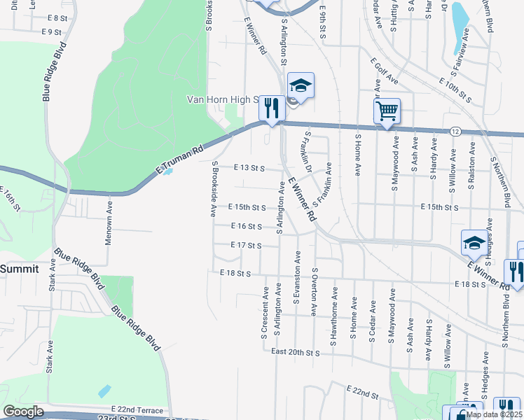 map of restaurants, bars, coffee shops, grocery stores, and more near 9511 East 15 Street South in Independence