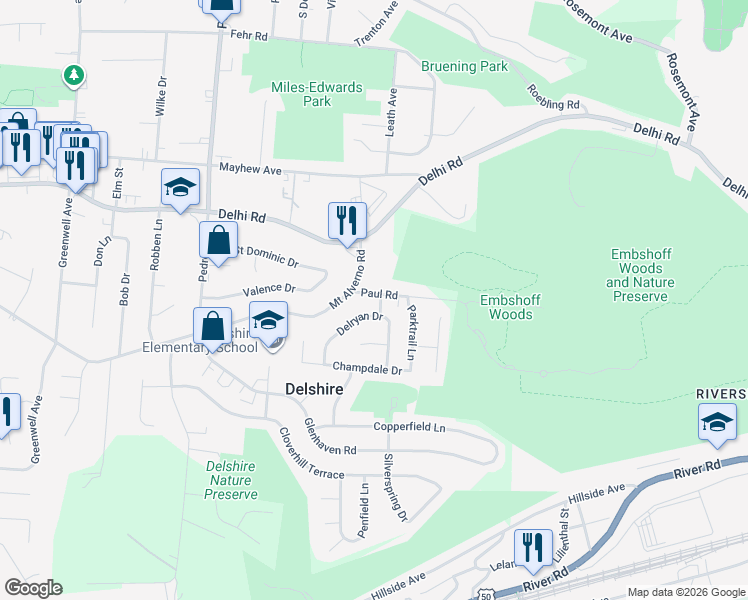 map of restaurants, bars, coffee shops, grocery stores, and more near 4263 Paul Road in Cincinnati