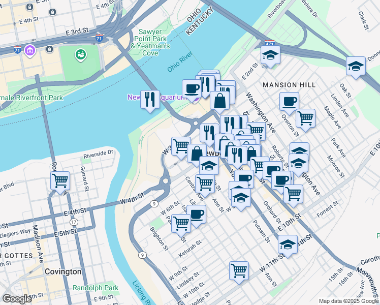 map of restaurants, bars, coffee shops, grocery stores, and more near in Newport
