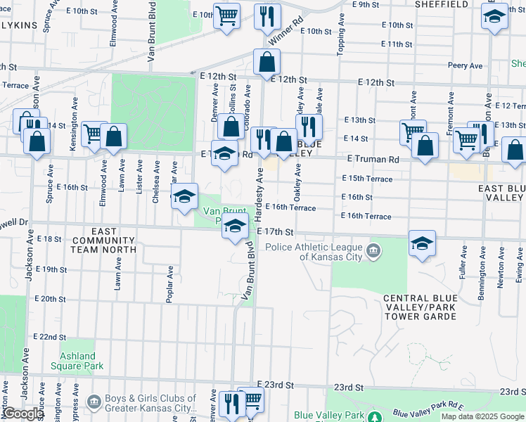 map of restaurants, bars, coffee shops, grocery stores, and more near 1633 Hardesty Avenue in Kansas City