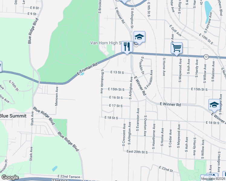map of restaurants, bars, coffee shops, grocery stores, and more near 9333 East 15 Street South in Independence
