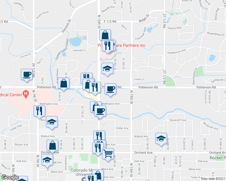 map of restaurants, bars, coffee shops, grocery stores, and more near 2715 Patterson Road in Grand Junction
