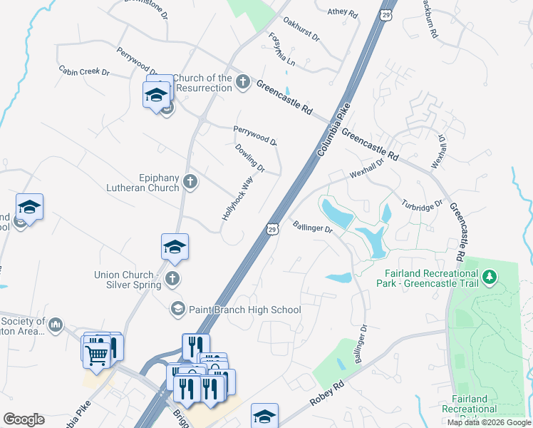 map of restaurants, bars, coffee shops, grocery stores, and more near 14309 Perrywood Drive in Burtonsville