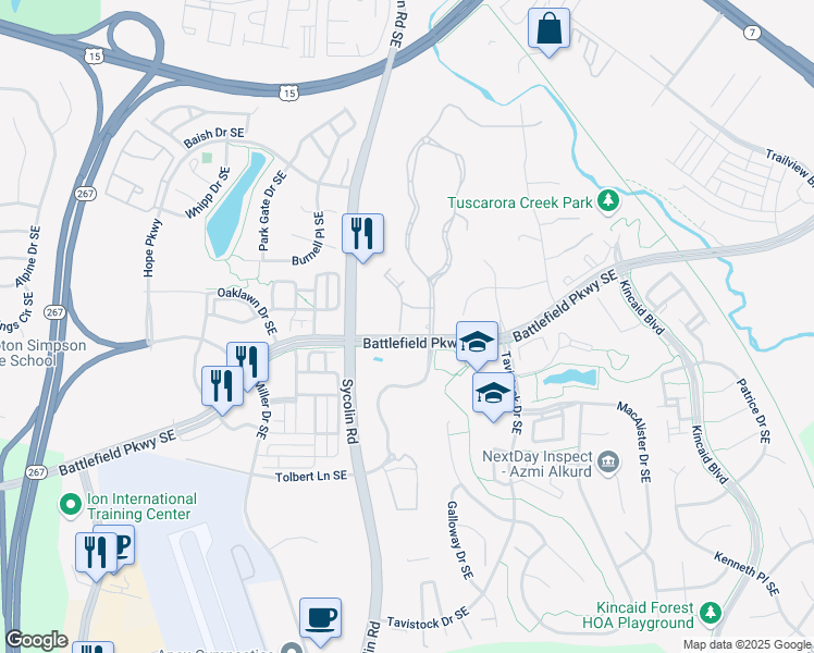 map of restaurants, bars, coffee shops, grocery stores, and more near 404 Breckinridge Square Southeast in Leesburg