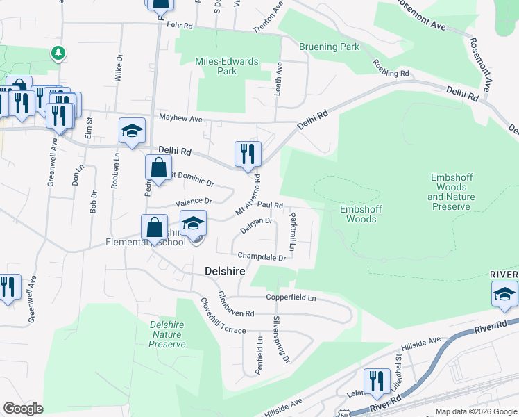map of restaurants, bars, coffee shops, grocery stores, and more near 4263 Paul Road in Cincinnati