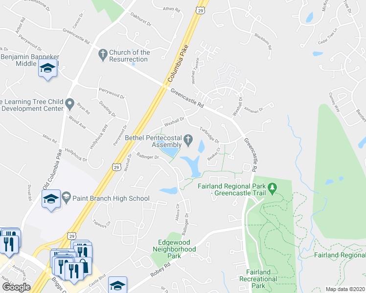 map of restaurants, bars, coffee shops, grocery stores, and more near 3667 Childress Terrace in Burtonsville