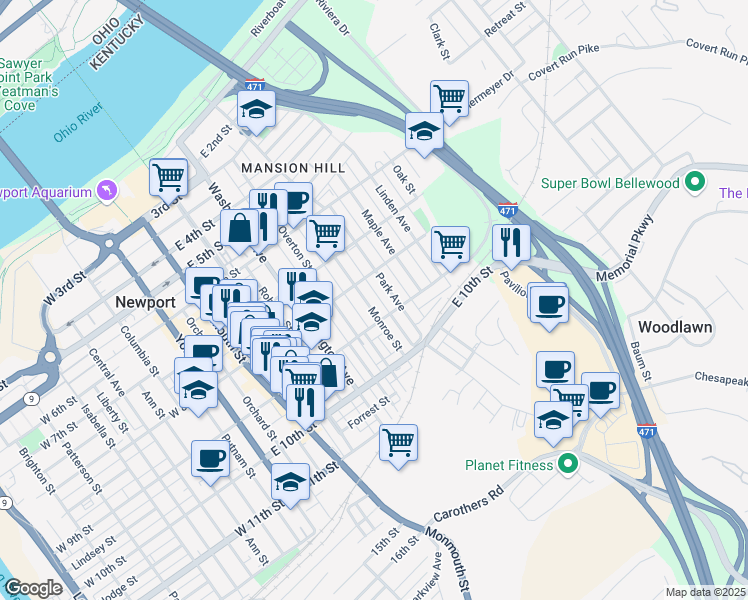 map of restaurants, bars, coffee shops, grocery stores, and more near 823 Monroe Street in Newport