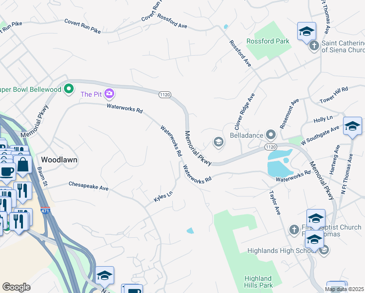 map of restaurants, bars, coffee shops, grocery stores, and more near 1631 Waterworks Road in Newport