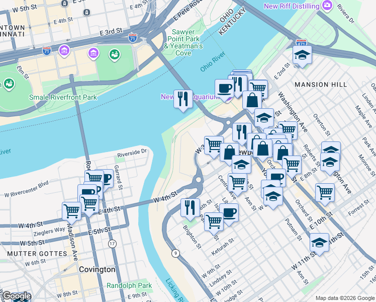 map of restaurants, bars, coffee shops, grocery stores, and more near W 3rd in Newport