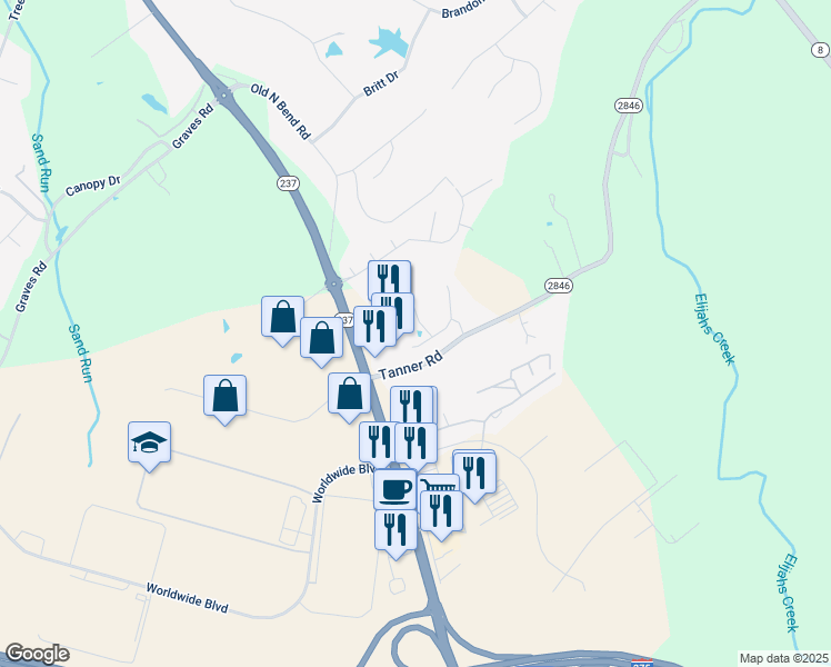 map of restaurants, bars, coffee shops, grocery stores, and more near 1810 Jesse Lane in Hebron