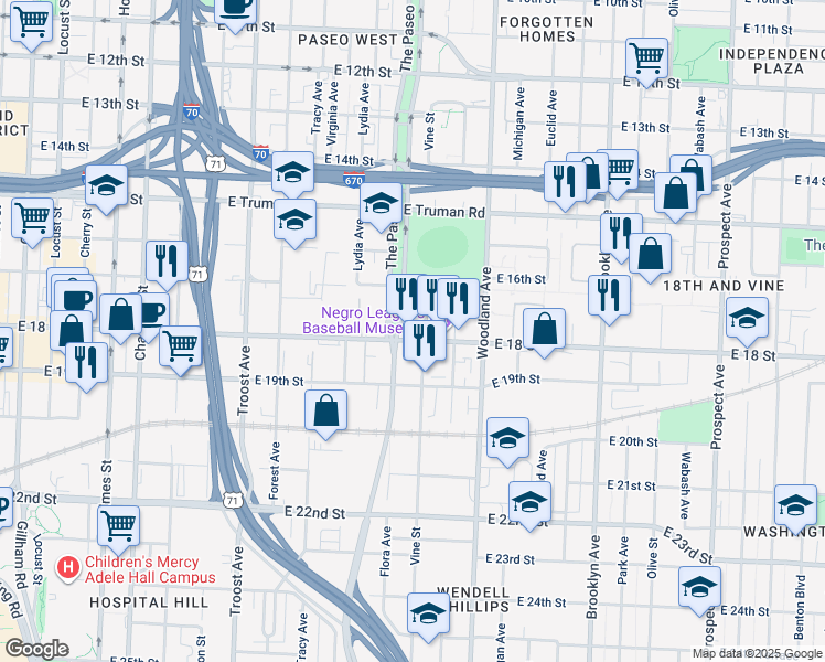 map of restaurants, bars, coffee shops, grocery stores, and more near 1516 East 18th Street in Kansas City