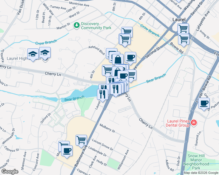 map of restaurants, bars, coffee shops, grocery stores, and more near 14650 Baltimore Avenue in Laurel