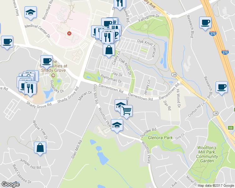 map of restaurants, bars, coffee shops, grocery stores, and more near 2603 Northrup Drive in Rockville