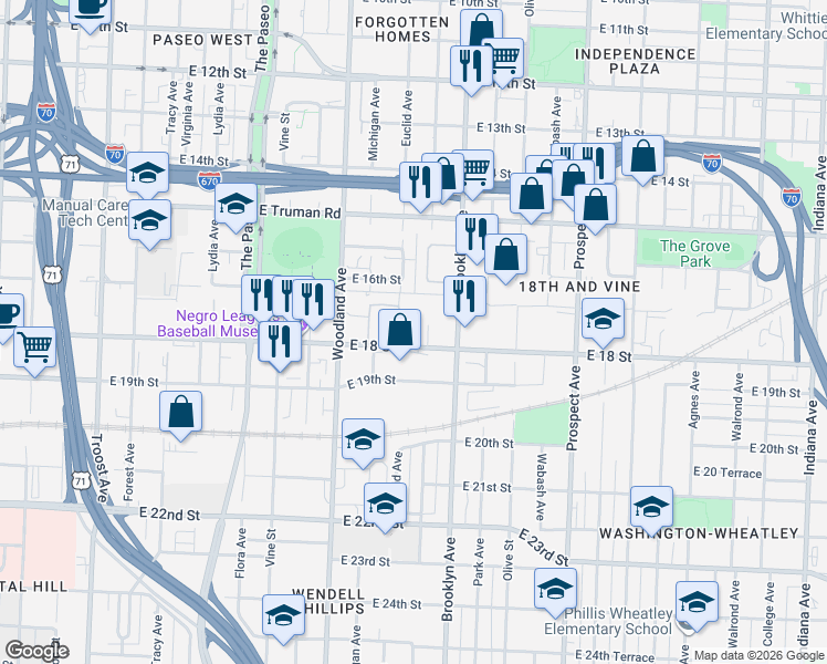 map of restaurants, bars, coffee shops, grocery stores, and more near 2000 East 18th Street in Kansas City