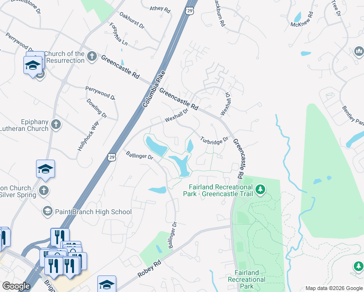 map of restaurants, bars, coffee shops, grocery stores, and more near 3682 Childress Terrace in Burtonsville