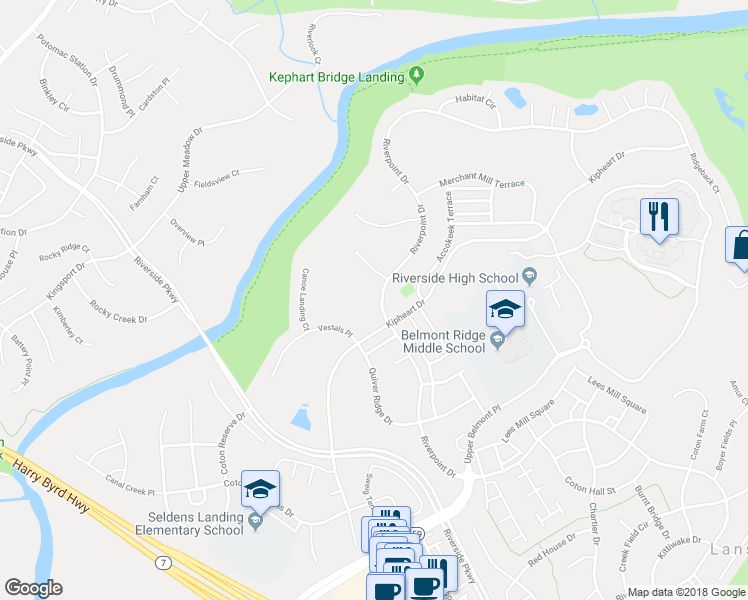 map of restaurants, bars, coffee shops, grocery stores, and more near 43772 Riverpoint Dr in Leesburg