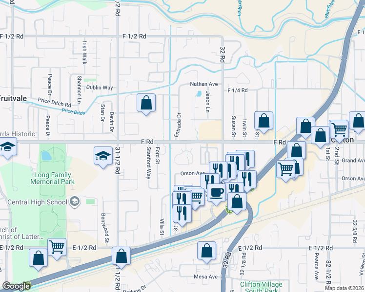 map of restaurants, bars, coffee shops, grocery stores, and more near 3191 F Road in Grand Junction