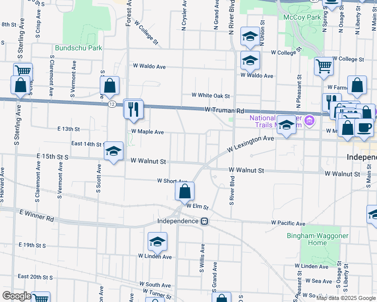 map of restaurants, bars, coffee shops, grocery stores, and more near 127 South Crysler Avenue in Independence