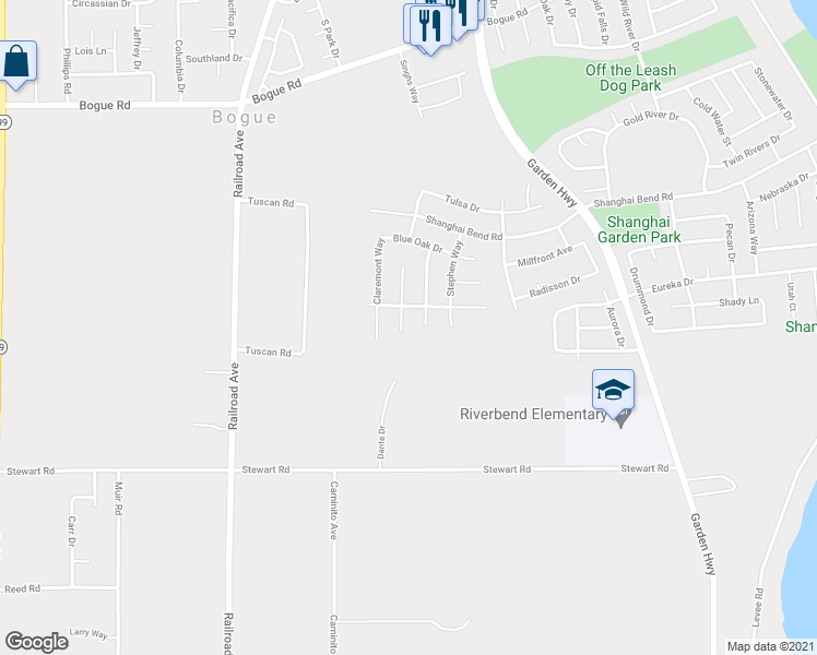 map of restaurants, bars, coffee shops, grocery stores, and more near 2439 Oak Court in Yuba City