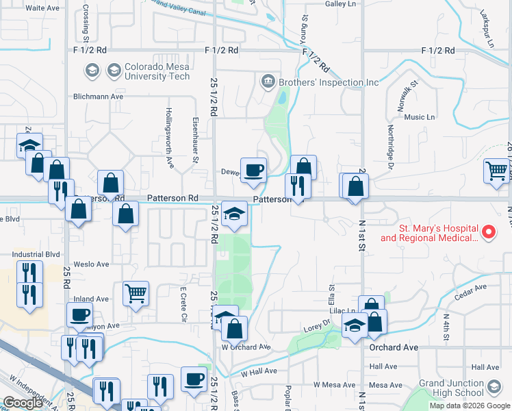 map of restaurants, bars, coffee shops, grocery stores, and more near 2651 Cider Mill Road in Grand Junction