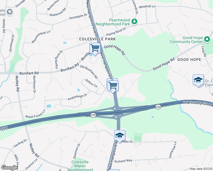 map of restaurants, bars, coffee shops, grocery stores, and more near 27 Old Bonifant Road in Silver Spring