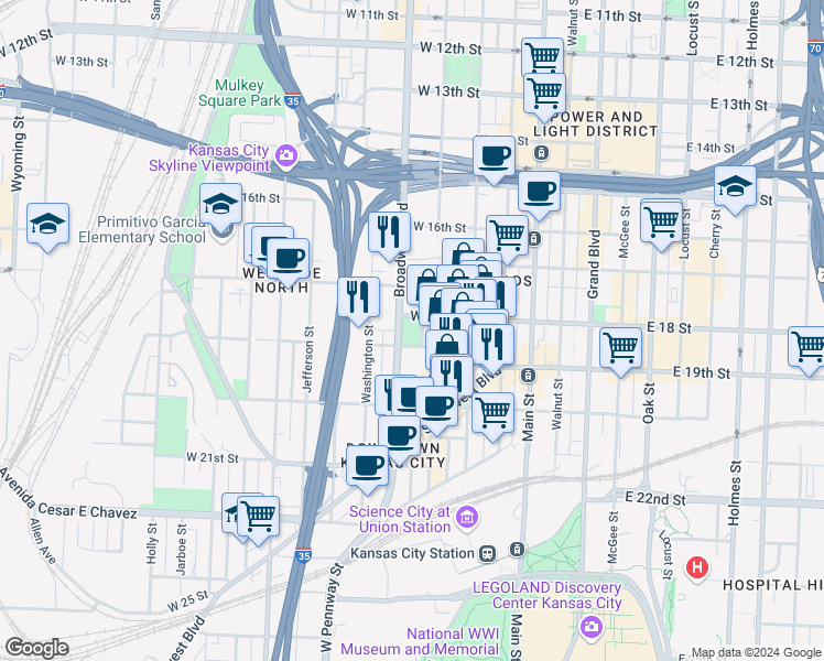 map of restaurants, bars, coffee shops, grocery stores, and more near 320 West 19 Terrace in Kansas City