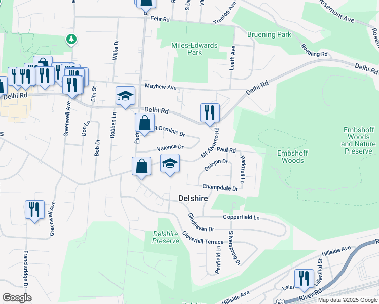 map of restaurants, bars, coffee shops, grocery stores, and more near 4349 Valence Drive in Cincinnati