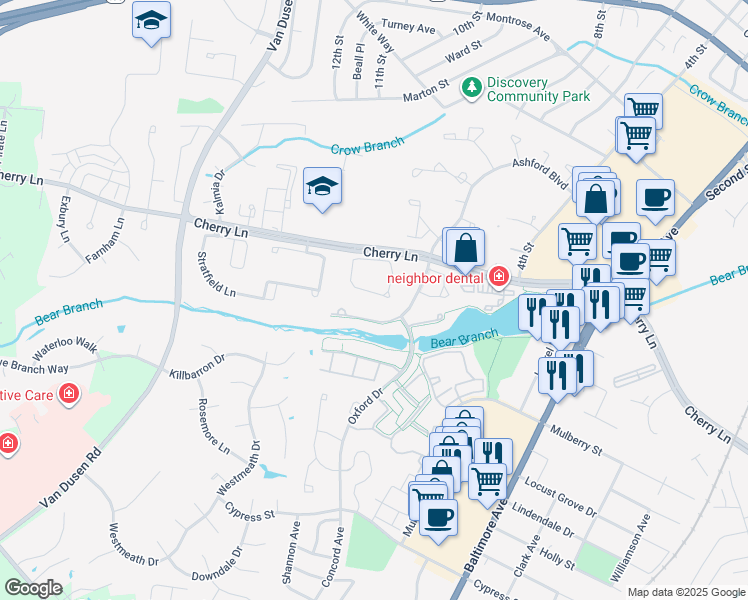 map of restaurants, bars, coffee shops, grocery stores, and more near 14521 Cambridge Circle in Laurel