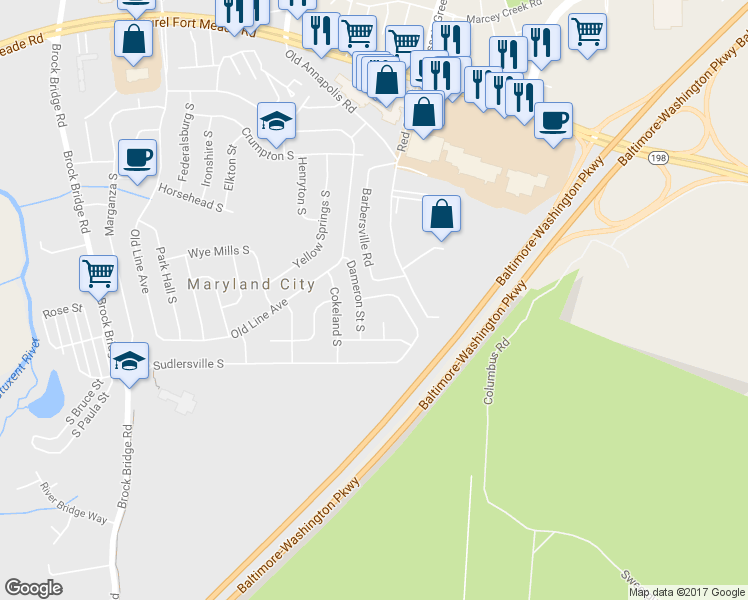 map of restaurants, bars, coffee shops, grocery stores, and more near 3298 Sudlersville South in Laurel
