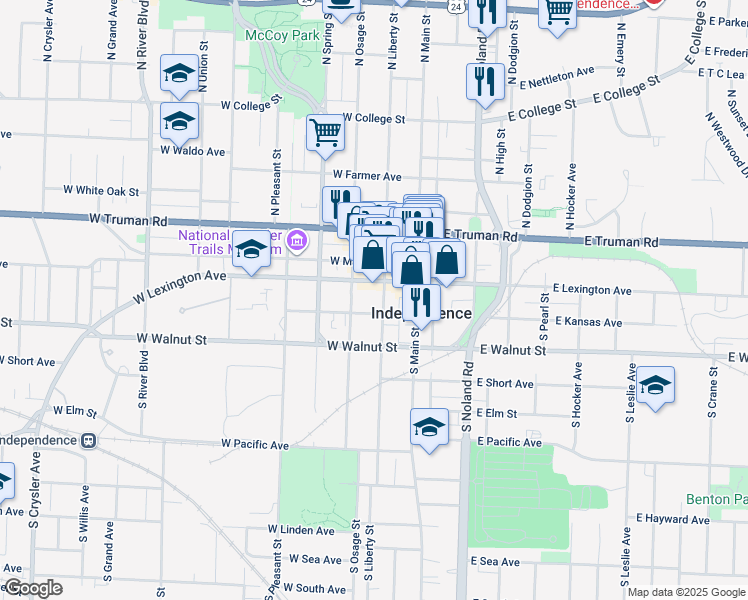 map of restaurants, bars, coffee shops, grocery stores, and more near 110 South Liberty Street in Independence