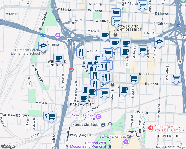 map of restaurants, bars, coffee shops, grocery stores, and more near 1809 Central Street in Kansas City