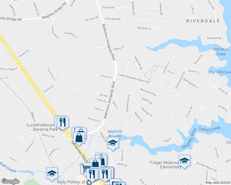 map of restaurants, bars, coffee shops, grocery stores, and more near 321 Baltimore Annapolis Boulevard in Severna Park